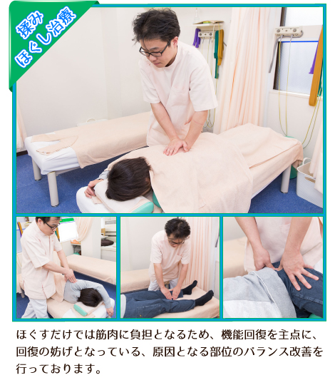 揉み・ほぐし治療…ほぐすだけでは筋肉に負担となるため、機能回復を主点に、回復の妨げとなっている、原因となる部位のバランス改善を行っております。 